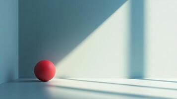 A bright red sphere rests on a minimalist surface, casting subtle shadows. The interplay of light creates a serene atmosphere, perfect for modern aesthetic themes. photo