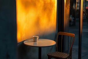 A serene scene of a coffee cup on a table, bathed in golden sunset light through a window, creating a warm and inviting atmosphere. photo