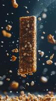 Granola bar with nuts and oats captured in mid-air, showcasing texture and detail against a dark backdrop. photo