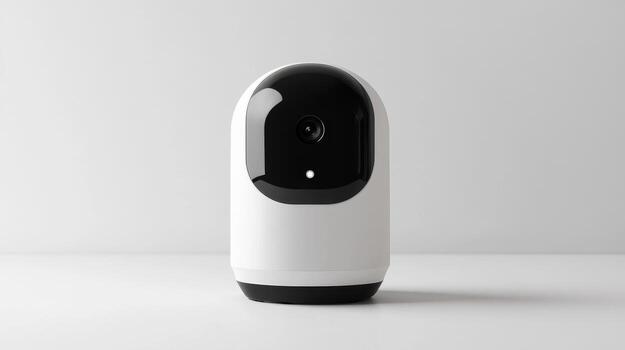 This modern smart home security camera features a sleek design with a black and white finish. Ideal for contemporary interiors, it enhances safety and monitoring. photo