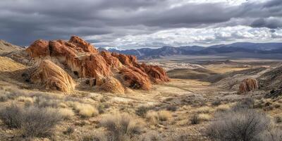 Desert Landscape with Red Rocks and Mountains photo