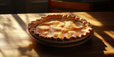 A pie sits on a table, with the sun shining on it. The pie is golden brown and looks delicious photo