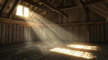 A serene wooden attic room with sunlight streaming through a window. This rustic space features warm wooden textures and quiet shadows, creating a tranquil atmosphere. photo