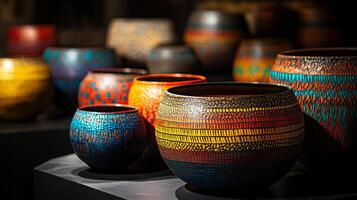 Colorful handcrafted ceramic pots with detailed patterns showcased in an art gallery, highlighting artistic craftsmanship. photo