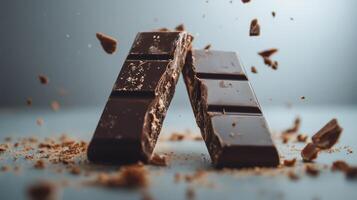 This captivating image features dark chocolate bars breaking apart, scattering crumbs and cocoa dust in a dynamic display. Perfect for food enthusiasts. photo