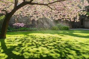 Springtime Garden with Blossoming Trees and Sunlight photo