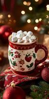 Cozy holiday scene with a festive mug of hot chocolate topped with marshmallows, surrounded by Christmas decorations and warm lights. photo