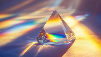 A triangular shaped crystal is sitting on a white surface. The crystal is reflecting light and creating a rainbow effect photo