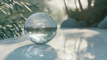 A glass sphere reflecting a peaceful forest scene, capturing soft light and shadows in a tranquil natural setting. photo