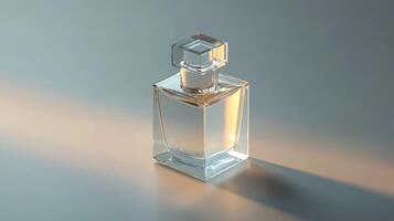 A sleek glass perfume bottle illuminated by soft lighting, set against a minimalist background, perfect for beauty and fragrance themes. photo