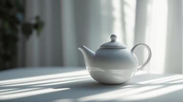 A white tea pot sits on a table. The pot is white and has a lid photo