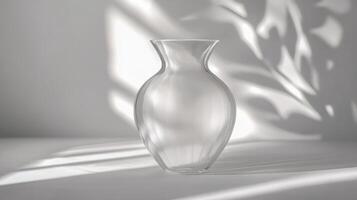 A clear glass vase casting intricate shadows on a white surface, creating a minimalist and artistic composition. photo