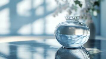 A minimalist glass vase filled with water on a reflective surface, capturing sunlight and soft shadows in a serene setting. photo