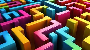 A vibrant and colorful 3D maze pattern featuring geometric shapes arranged in a playful design. This abstract artwork creates a sense of depth and perspective. photo