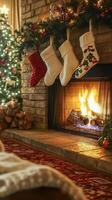 Fireplace with a Christmas tree and four stockings hanging from it. The stockings are white and red photo