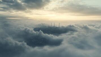 This mesmerizing aerial view captures an industrial city emerging from a sea of soft clouds, bathed in warm light during sunrise. photo