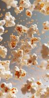 A captivating image of popcorn kernels floating against a gray background, showcasing their delightful texture and airy motion, perfect for food imagery. photo