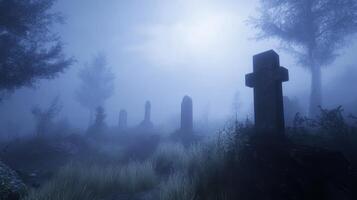 A hauntingly beautiful cemetery shrouded in fog, featuring ancient tombstones and a mysterious, eerie atmosphere in a misty forest. photo
