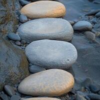 Close-up of smooth river stones forming a natural path in a gentle stream, surrounded by pebbles and flowing water. photo