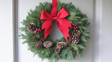 A traditional Christmas wreath adorned with pinecones and a red bow, perfect for holiday decor and festive ambiance. photo