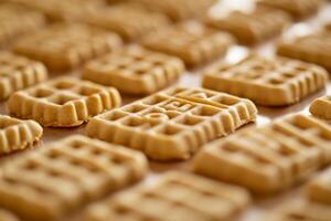 A close-up view of delicious golden waffles with unique patterns arranged on a white surface. Perfect for showcasing culinary creations, breakfast ideas, or snack options. photo