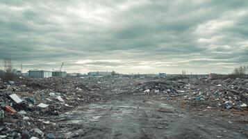A desolate urban landscape filled with waste and debris, illustrating pollution's impact on the environment under an overcast sky. photo