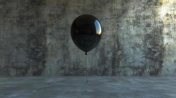 A black balloon is floating in the air. It is the only object in the image. The balloon is not attached to anything photo