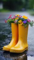 Yellow Rain Boots with Colorful Flowers photo