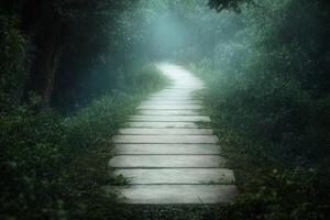 A tranquil stone path winds through a dense, misty forest, creating a serene and mysterious atmosphere. photo