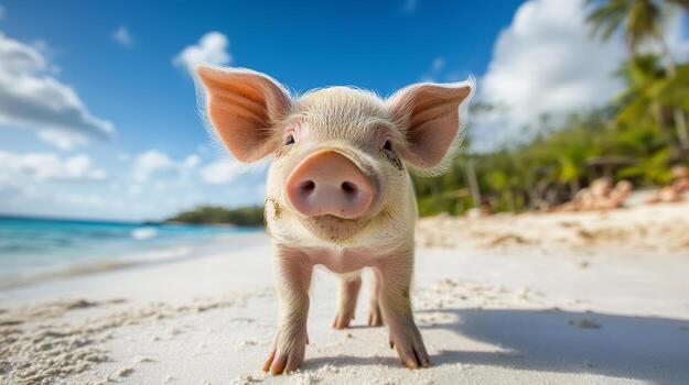 A pig is standing on a beach with its head up and looking at the camera. The scene is bright and cheerful, with the pig's pink ears and nose contrasting against the white sand photo