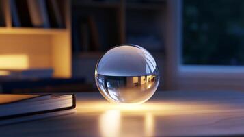 A clear ball is sitting on a table next to a book. The table is lit up by a light photo
