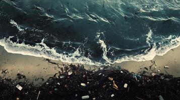 A striking aerial view of plastic debris and pollution along a beach shoreline, illustrating the environmental crisis affecting oceans and ecosystems. photo