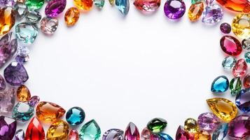 A variety of colorful gemstones form a vibrant border on a white background, perfect for adding text or design elements. photo
