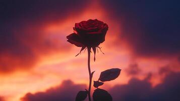A captivating image of a red rose silhouette set against a vibrant, dramatic sunset sky with colorful clouds. photo