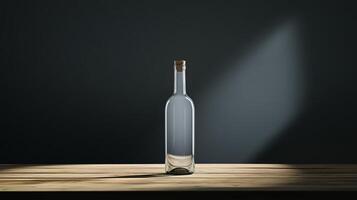 A clear glass bottle stands on a wooden table, illuminated by a beam of light against a dark backdrop, creating a minimalist and dramatic scene. photo