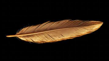 Close-up of a golden feather on a black background highlighting its intricate details and elegant texture. photo