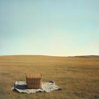 A tranquil picnic setup with a wicker basket on a blanket in a wide open field, perfect for relaxation and outdoor enjoyment. photo
