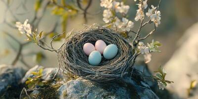 Pastel Bird Eggs in a Nest, Springtime Nature Photography photo