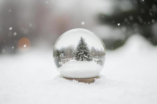 A crystal ball captures the reflection of a pine tree in a snowy landscape, with gentle snowflakes falling around. photo