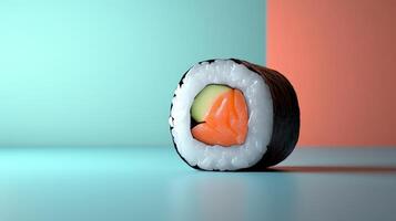 A vibrant sushi roll featuring fresh salmon and avocado set against a colorful backdrop. This image captures the essence of Japanese cuisine and culinary artistry. photo