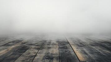 A misty scene featuring weathered wooden floorboards disappearing into dense fog, evoking a sense of mystery and tranquility. photo
