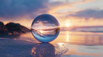 A mesmerizing sunset captured through a glass sphere on the beach, showcasing vibrant colors and serene ocean waves. photo