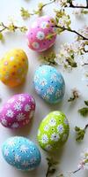 Colorful Hand Painted Easter Eggs with Spring Flowers photo