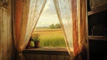 A window with a view of a field and a potted plant. The curtains are open, letting in the sunlight photo
