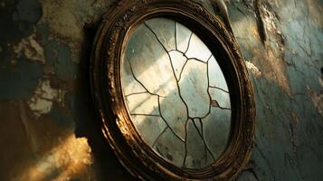 A cracked vintage mirror on a weathered wall with sunlight casting dramatic reflections, evoking a sense of nostalgia and mystery. photo