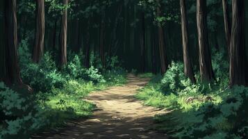 A peaceful forest path winding through dense, vibrant greenery and towering trees, creating a serene and natural atmosphere. photo