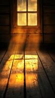 Sunlight filters through a wooden window, casting warm shadows on a rustic wooden floor in a cozy cabin setting. photo