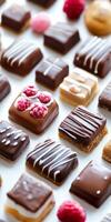 A close up of many different types of chocolate candies with raspberries on top. The candies are arranged in a grid on a white background photo