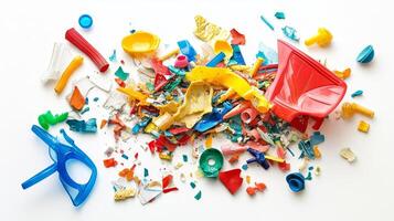 A vibrant assortment of colorful plastic waste scattered on a white surface, illustrating the pressing environmental issue of pollution and recycling challenges. photo