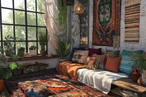 Bright and inviting bohemian living room featuring lush plants, soft textiles, and colorful cushions, creating a cozy atmosphere full of warmth and comfort. photo